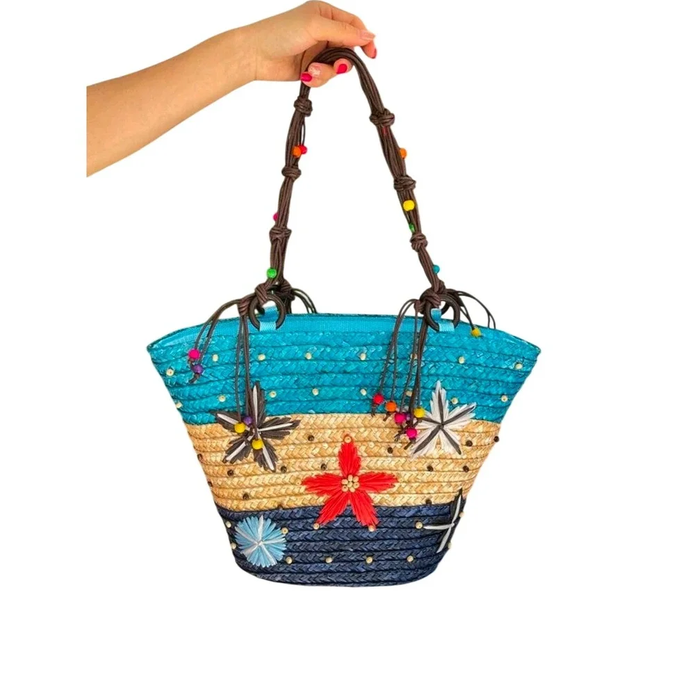 Woven Straw Starfish Beach Tote Bag Blue‎ Tan Navy Beaded Rope Handle Summer